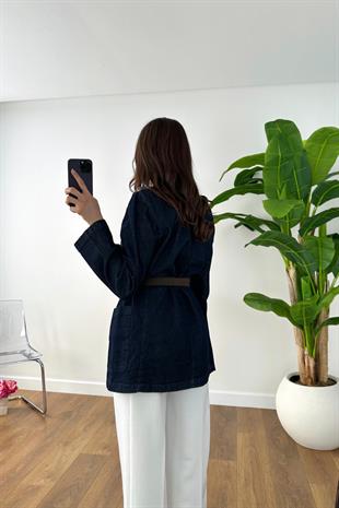 Konna Dark Blue Kemer Detay Vatkalı Ceket