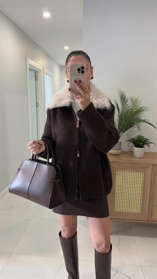 Konre Acı Kahve Kürk Yakalı Şardonlu Hırka