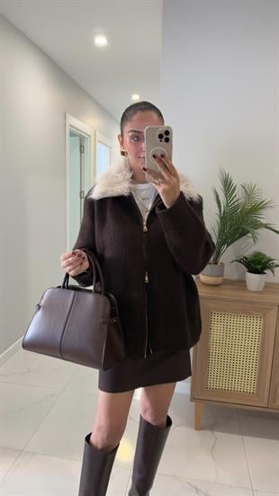 Konre Acı Kahve Kürk Yakalı Şardonlu Hırka