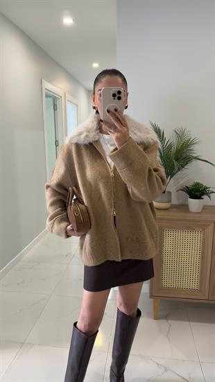 Konre Camel Kürk Yakalı Şardonlu Hırka