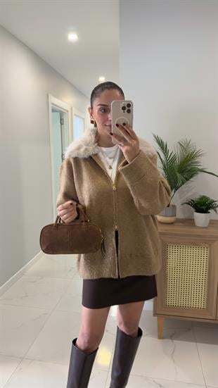 Konre Camel Kürk Yakalı Şardonlu Hırka