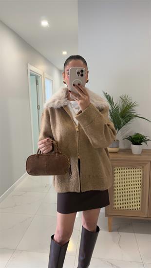 Konre Camel Kürk Yakalı Şardonlu Hırka