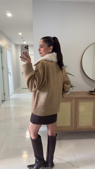 Konre Camel Kürk Yakalı Şardonlu Hırka