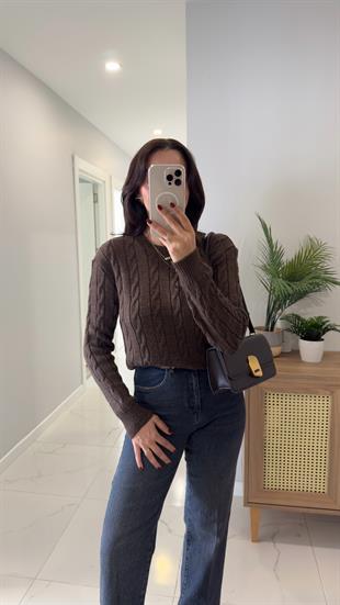 Kornas Kahve Melanj Saç Örgülü Triko Kazak