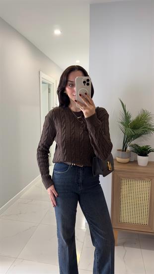 Kornas Kahve Melanj Saç Örgülü Triko Kazak