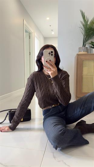 Kornas Kahve Melanj Saç Örgülü Triko Kazak