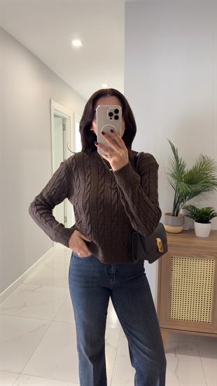 Kornas Kahve Melanj Saç Örgülü Triko Kazak