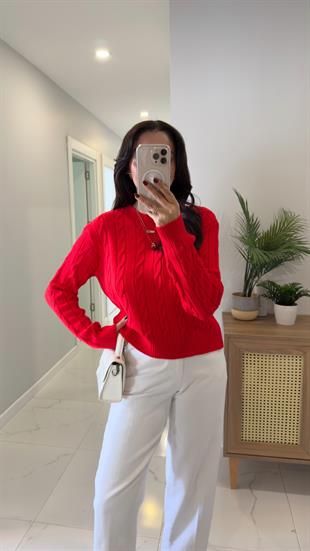 Kornas Kırmızı Saç Örgülü Triko Kazak