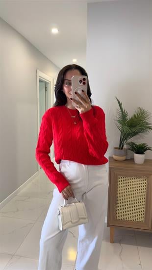 Kornas Kırmızı Saç Örgülü Triko Kazak