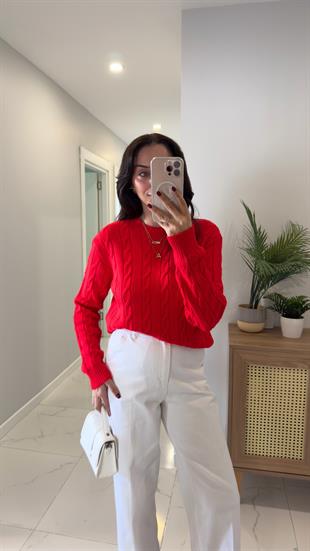 Kornas Kırmızı Saç Örgülü Triko Kazak