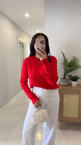 Kornas Kırmızı Saç Örgülü Triko Kazak