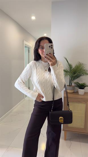 Kornas Krem Saç Örgülü Triko Kazak