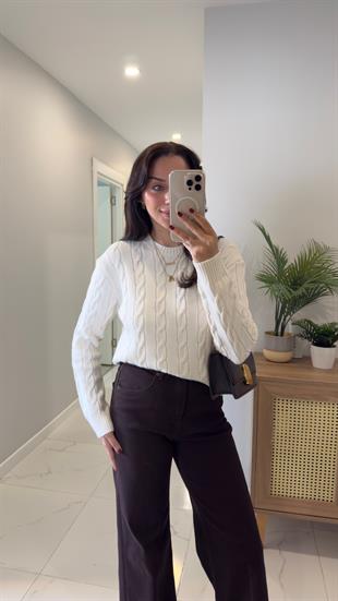 Kornas Krem Saç Örgülü Triko Kazak