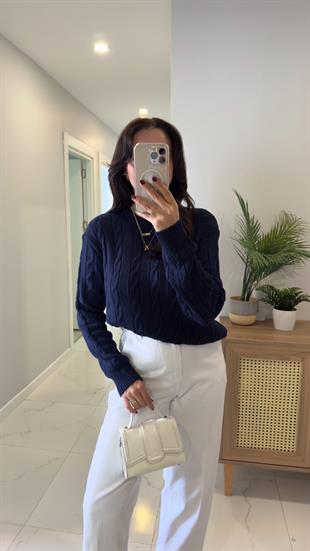 Kornas Lacivert Saç Örgülü Triko Kazak