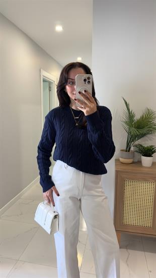 Kornas Lacivert Saç Örgülü Triko Kazak