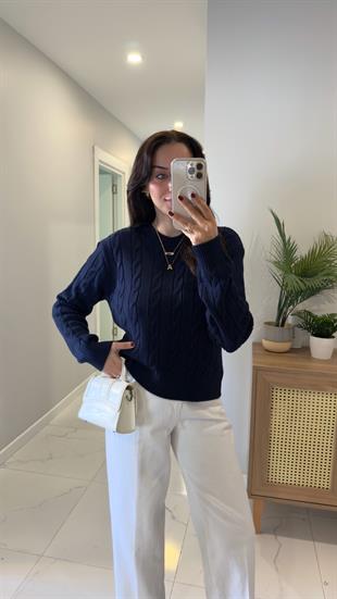 Kornas Lacivert Saç Örgülü Triko Kazak