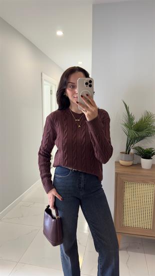 Kornas Vişne Çürüğü Saç Örgülü Triko Kazak