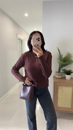 Kornas Vişne Çürüğü Saç Örgülü Triko Kazak