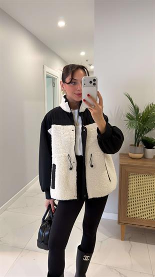 Kosiwa Siyah Ekru Peluş Mont