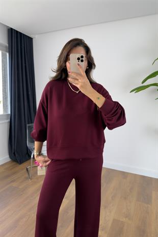 Kosne Oysh Bordo Modal Sweat-Pantolon Takım