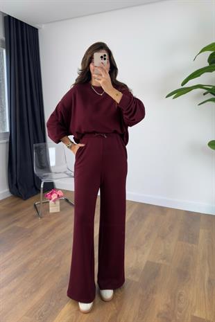 Kosne Oysh Bordo Modal Sweat-Pantolon Takım