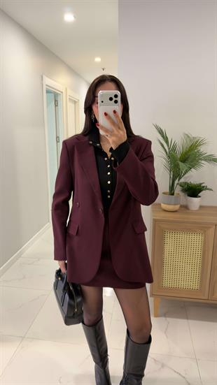 Kosowa Bordo Düğmeli Blazer Ceket