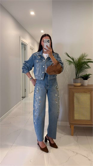 Lapus Mavi Taşlı Denim Ceket Pantolon Takım