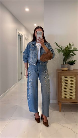 Lapus Mavi Taşlı Denim Ceket Pantolon Takım