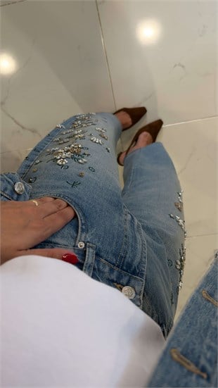 Lapus Mavi Taşlı Denim Ceket Pantolon Takım