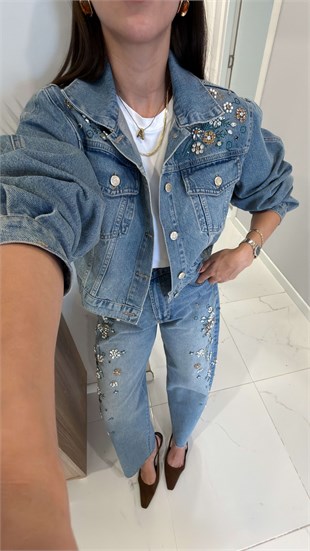 Lapus Mavi Taşlı Denim Ceket Pantolon Takım