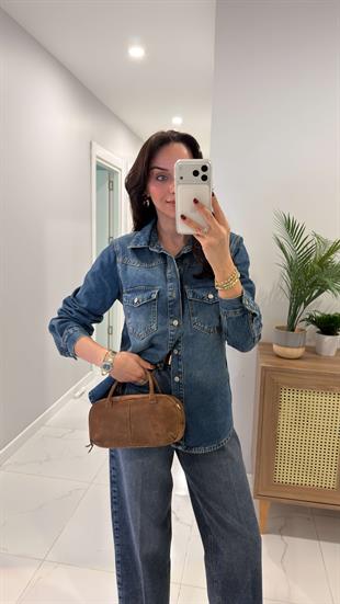 Lare Mavi Tint Yıkamalı Denim Gömlek