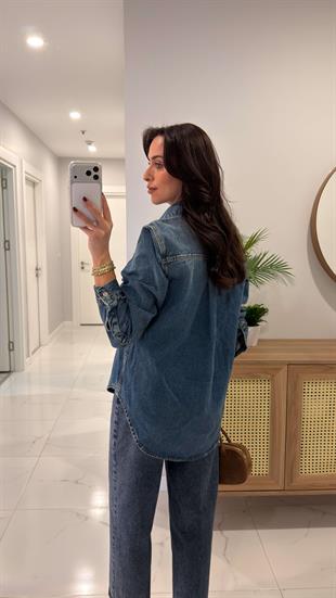 Lare Mavi Tint Yıkamalı Denim Gömlek