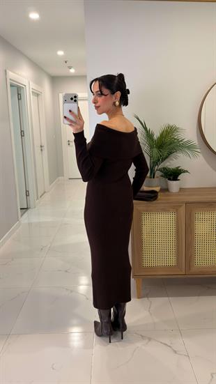 Larope Kahve Madonna Yaka Fitilli Elbise