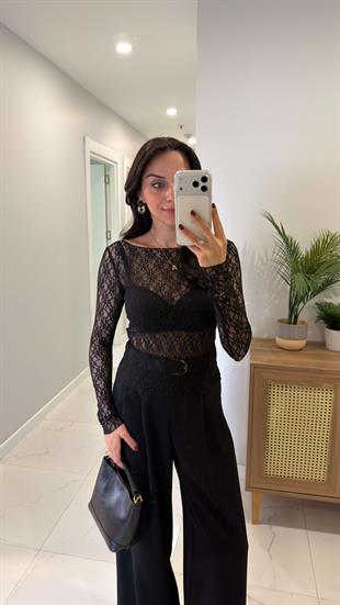 Ledra Siyah Dantel Geniş Yaka Bluz