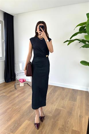 Lekasa Dark Blue Gold Toka Detaylı Elbise