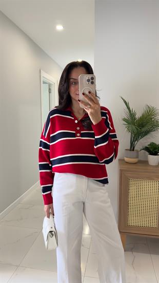 Lelas Kırmızı Lacivert Polo Yaka Şerit Detaylı Triko