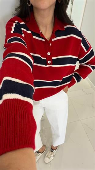 Lelas Kırmızı Lacivert Polo Yaka Şerit Detaylı Triko