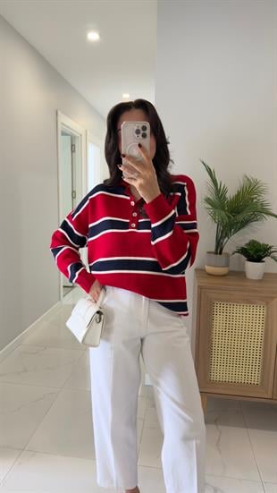 Lelas Kırmızı Lacivert Polo Yaka Şerit Detaylı Triko