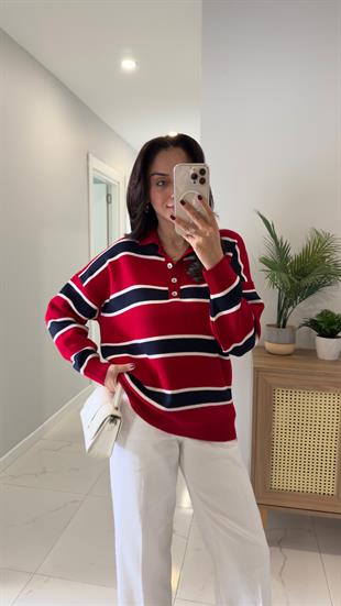 Lelas Kırmızı Lacivert Polo Yaka Şerit Detaylı Triko