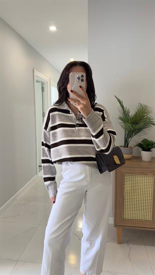 Lelas Koyu Bej Kahve Şerit Detaylı Triko