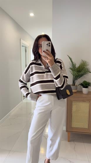 Lelas Koyu Bej Kahve Şerit Detaylı Triko