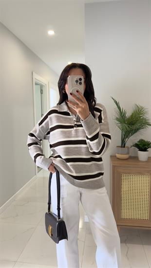 Lelas Koyu Bej Kahve Şerit Detaylı Triko