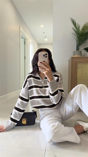 Lelas Koyu Bej Kahve Şerit Detaylı Triko