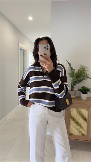 Lelas Koyu Kahve Mavi Şerit Detaylı Triko