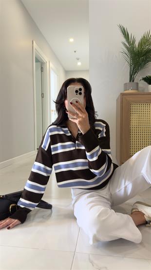 Lelas Koyu Kahve Mavi Şerit Detaylı Triko