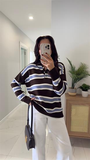 Lelas Koyu Kahve Mavi Şerit Detaylı Triko