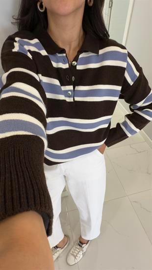 Lelas Koyu Kahve Mavi Şerit Detaylı Triko