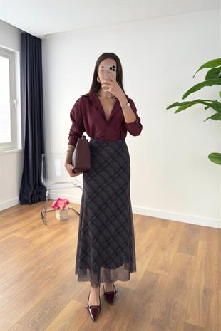 Lenasa Füme Bordo Ekose Tüllü Etek