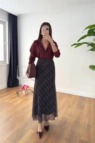 Lenasa Füme Bordo Ekose Tüllü Etek