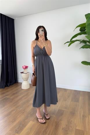 Lendy Gri Lastik Sırt Detaylı Astarlı Askılı Elbise